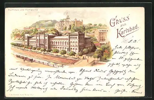Lithographie Karlsbad, Kurhaus und Königsvilla