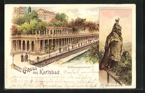 Lithographie Karlsbad, Hirschensprung, Mühlbrunnen-Colonade