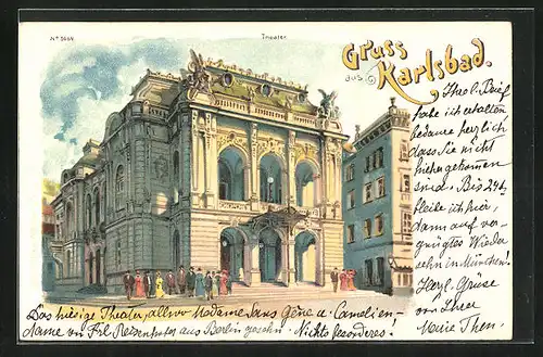 Lithographie Karlsbad, Theater mit Passanten