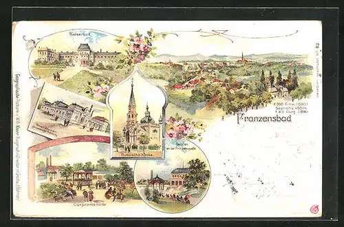 Lithographie Franzensbad, Russische Kirche, Kaiserbad, Curplatz an der Franzensquelle