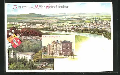 Lithographie Mähr. Weisskirchen, Höhere Forstlehranstalt, Bad Teplitz, Totalansicht