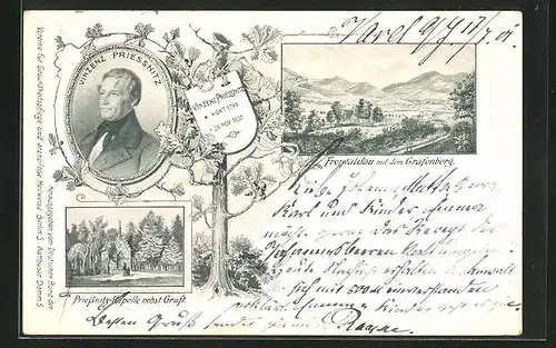 AK Freiwaldau, Priessnitz-Kapelle, Vinzenz Priessnitz-Portrait, Totalansicht mit Gräfenberg