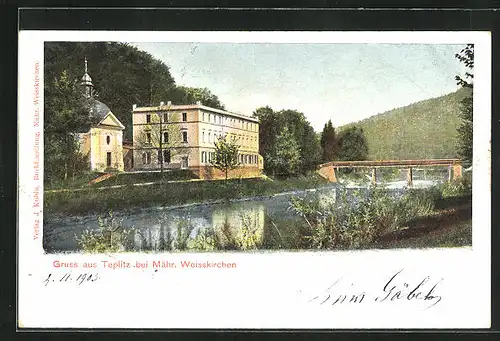 AK Teplitz bei Mähr. Weisskirchen, am Bad mit Flussbrücke