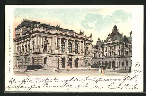 AK Reichenberg / Liberec, Theater und Postgebäude