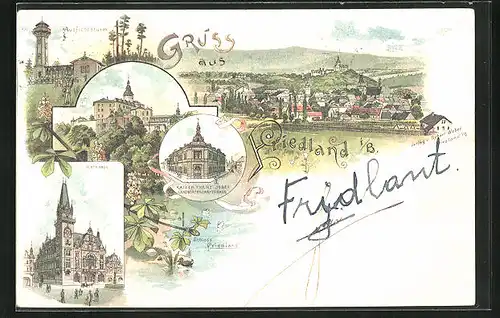 Lithographie Friedland / Frydlant, Rathaus, Aussichtsturm, Kaiser Franz Josef Landwirtschaftshaus