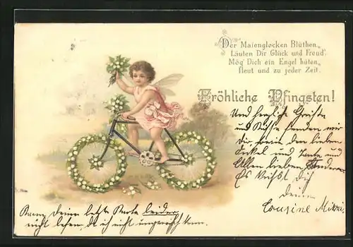 AK Engel mit Maiglöckchen auf einem Fahrrad, Pfingstgruss