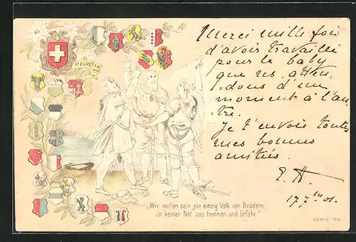 Präge-AK Schweiz, Wilhelm Tell bei einem Schwur, Kantonswappen
