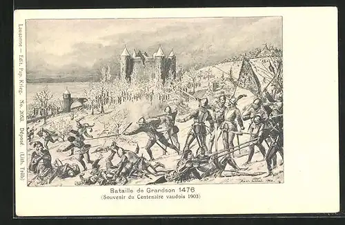 Künstler-AK Grandson, Schweizer Soldaten in der Schlacht von Grandson 1476