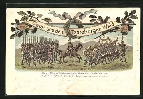 Lithographie Teutoburg, Soldaten mit Pferd im Teutoburger Wald, Germanenkult