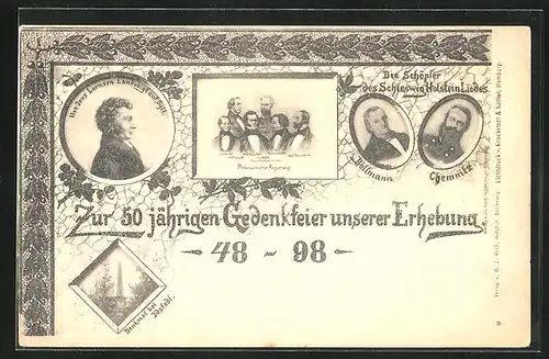 AK Idstedt, Zur fünfzigjährigen Gedenkfeier unserer Erhebung, 1848-1898, Denkmal, Portrait von Bellmann, Revolution 1848