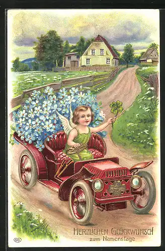 Präge-AK Engel mit Kleeblatt und Blumen im Auto, Glückwunsch zum Namenstage