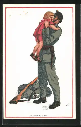 AK Schweizer Soldat mit Kind auf dem Arm