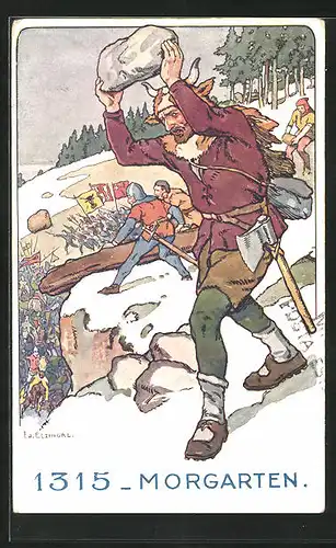 Künstler-AK sign. Ed. Elzingre: Morgarten, Schweizer Soldat mit Stein 1315