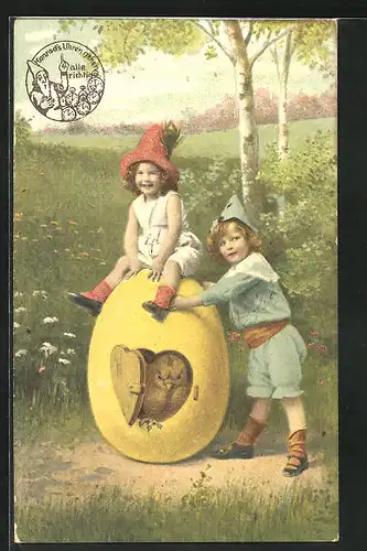 AK Kinderpaar am Osterei mit Osterküken