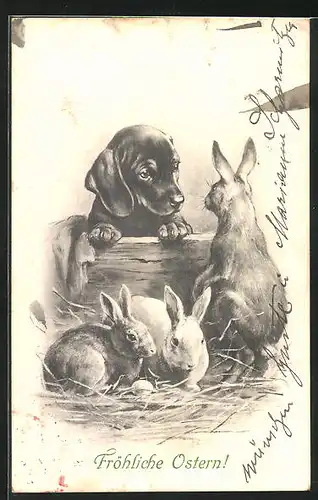 AK Dackel mit Osterhasen und Ei, Ostergruss