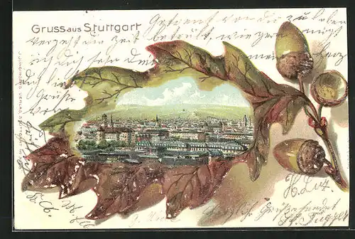 Passepartout-Lithographie Stuttgart, Teilansicht im Eichenblatt