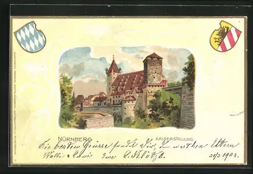 Passepartout-Lithographie Nürnberg, Kaiserstallung, Wappen
