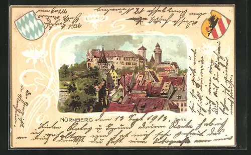 Passepartout-Lithographie Nürnberg, Burg mit Wappen