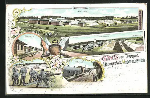 Lithographie Hammelburg, Truppenübungsplatz, Nördliches Lager, Südliches Lager mit Arbeits-Kommando, Offizierstrasse