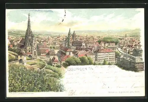 Lithographie Esslingen a. N., Teilansicht mit Kirche