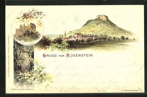 Lithographie Lauterburg, Teilansicht, Ruine, Brücke auf dem Rosenstein