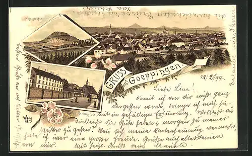 Lithographie Goeppingen, Teilansicht, Hohenstaufen, Heilanstalt