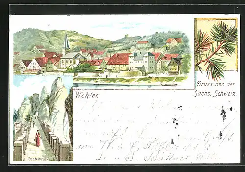 Lithographie Wehlen /Sächs. Schweiz, Teilansicht, Basteibrücke