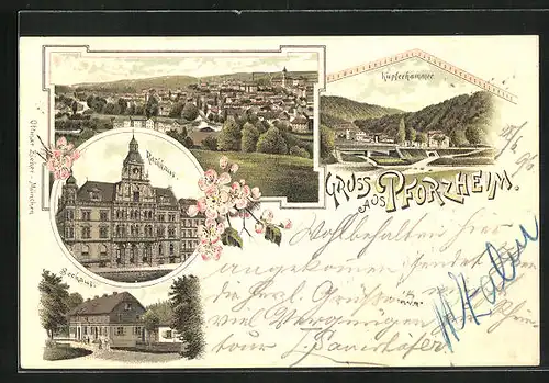 Lithographie Pforzheim, Restaurant Seehaus, Kupferhammer, Rathaus