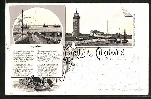 Lithographie Cuxhaven, Die alte Liebe, Leuchtturm mit Booten