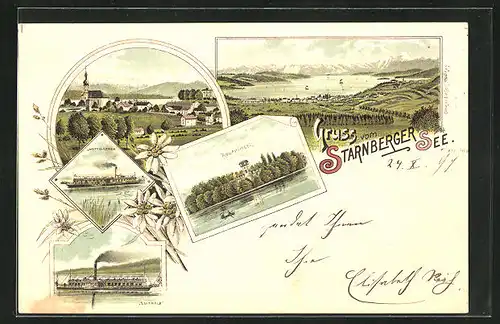 Lithographie Starnberg, Starnberger See, Dampfer Wittelbach, Dampfer Luitpold