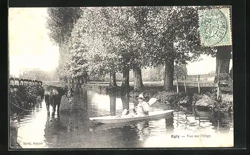 AK Egly, Vue sur l`Orge, Mann im Boot mit seinem Pferd