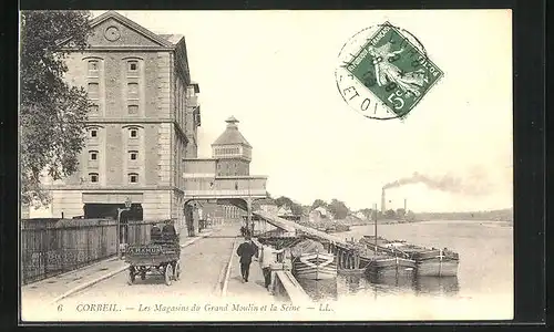 AK Corbeil, Les Magasins du Grand Moulin et la Seine