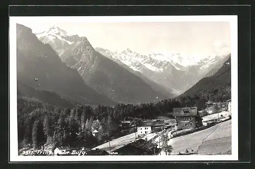 AK Trins, Gasthaus an der Hohe Burg, Blick auf die Gebirgskette