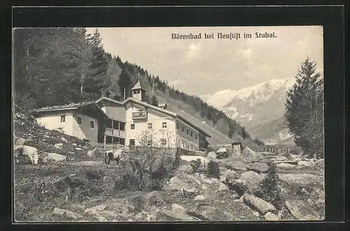 AK Bärenbad im Stubai, Felslandschaft am Gasthaus, Blick auf die Berge