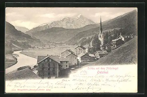 AK Sölden im Oetzthal, Ortsansicht mit der Kirche und Blick zum Nöderkogel