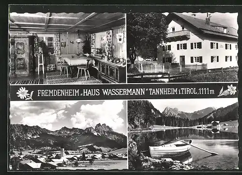 AK Tannheim in Tirol, Ortstotale mit der Kirche, Bootsanlegestelle am Ufer, Gasthaus Fremdenheim Haus Wassermann