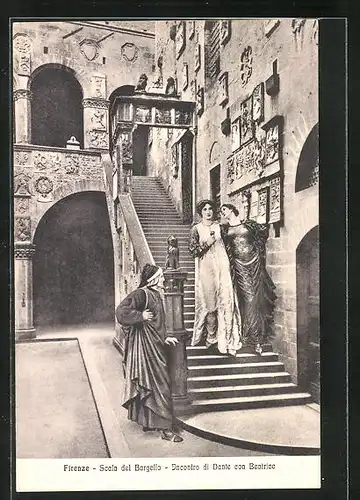 AK Firenzhe, Scala del Bargello, Incontro il Dante con Beatrice, die Dichterin auf der Treppe