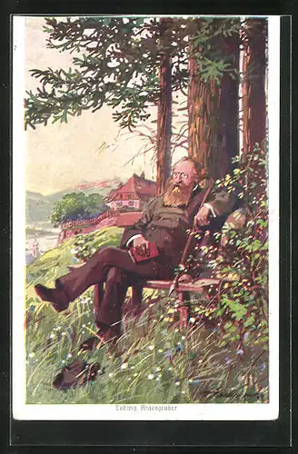 Künstler-AK Ludwig Anzengruber, der Dichter auf einer Bank am Waldrand