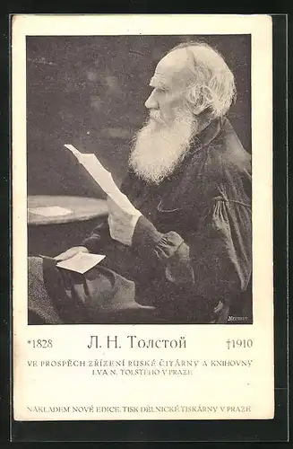 AK Lew Nikolajewitsch Tolstoi, der Schriftsteller beim Lesen abgelichtet