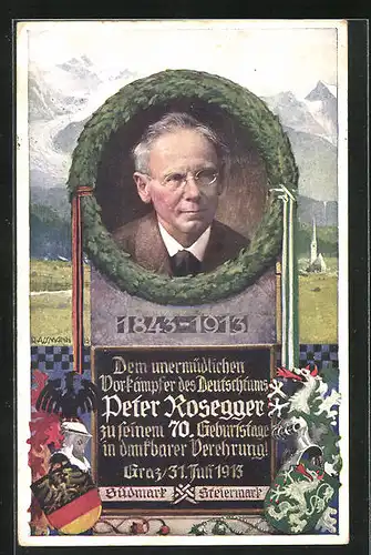 Künstler-AK Peter Rosegger, Grabstein mit Portrait des Dichters, Gebirgsansicht mit deutschem Wappen