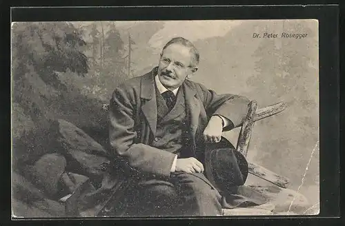 AK Dr. Peter Rosegger, Waldszene, auf einem Stein sitzend