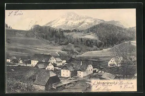 AK Wienerbruck, Blick auf die kleine Ortschaft mit dem Gebirge im Hintergrund