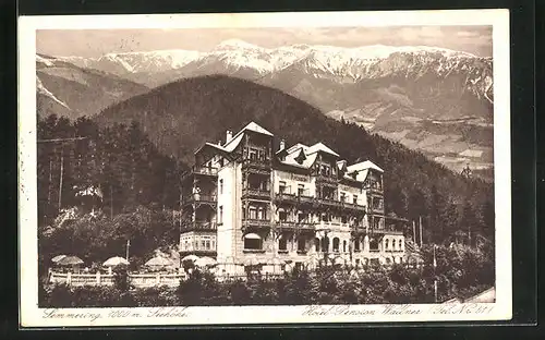 AK Semmering, Aussenansicht von Hotel und Pension Wallner, die Gebirgskette im Hintergrund