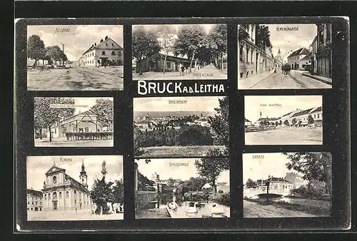 AK Bruck a. d. Leitha, Partie im Lager, Kirchengasse, Altstadt, Kirche, Schlossidylle, an der Grenze