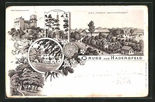 Lithographie Hadersfeld, Blick auf Alois Aigners Gastwirtschaft, der Obelisk, Ruine Greifenstein, vor dem Schloss