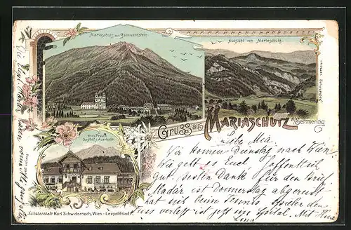 Lithographie Mariaschutz a. Semmering, Blick zum Sonnwendstein, Aussicht v. Mariaschutz, Gasthof z. Auerhahn