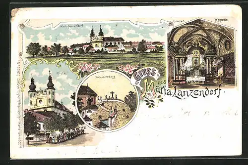 Lithographie Maria Lanzendorf, Altar in der Gnadenkapelle, Ortspanorama, der Kalvarienberg, Prozession unter der Kirche