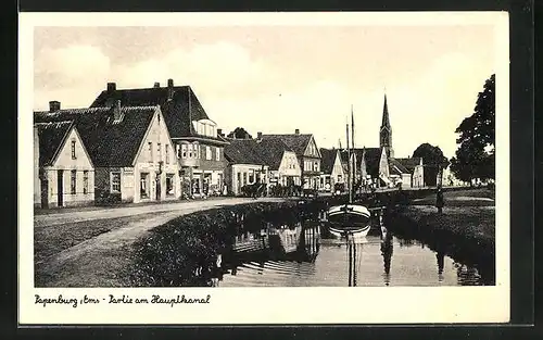 AK Papenburg Ems, Häuser am Hauptkanal, Blick zur Kirche