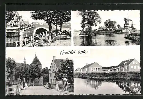 AK Greetsiel / Ostfr., an der Brücke, die Windmühle, Häuser am Ufer, Blick zur Kirche