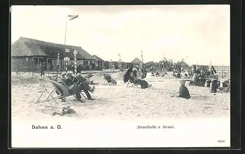 AK Dahme a. O., Strandhalle und Strand mit Badegästen